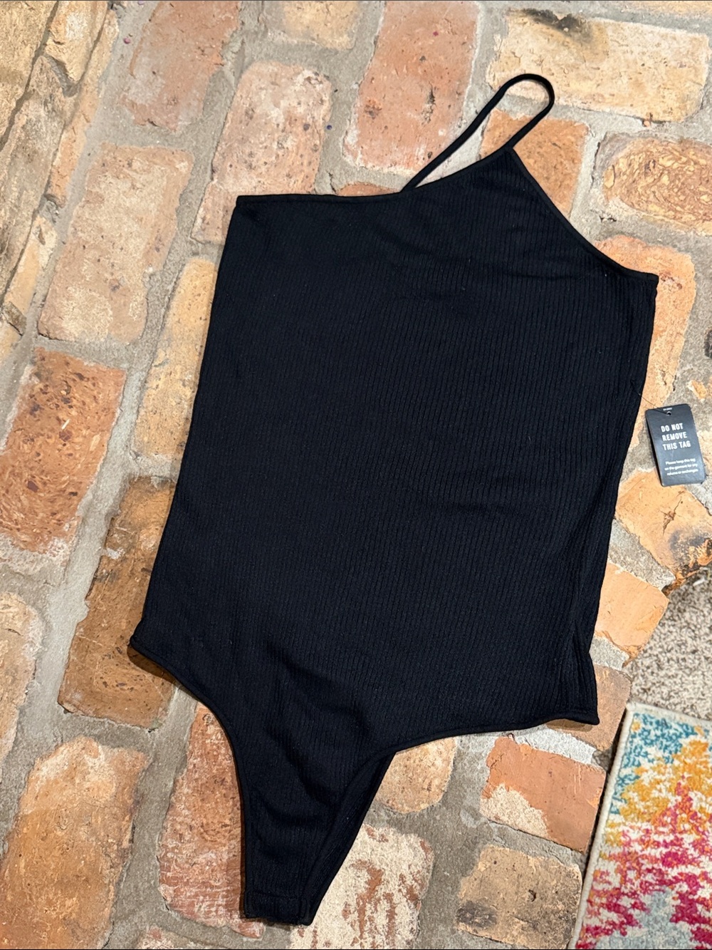 Express Sz XL Black Ribbed One-Shoulder Bodysuit